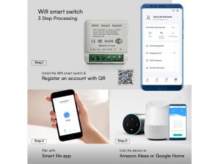 Smart kapcsoló, Wi-Fi-s vezérlés mobiltelefonnal, két nyomógombos kapcsolóhoz, 2x5A-ig