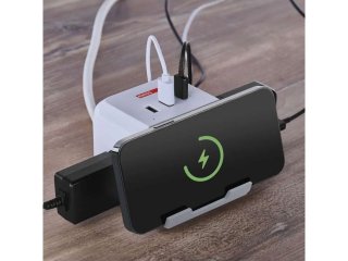 Kocka elosztó 2 darab aljzattal, 2 USB + 1 USB-C, vezetéknélküli telefon töltővel, 2 m vezetékkel