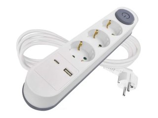 Elosztó 3 aljzattal, 1 USB + 1 USB-C, PD 18W gyorstöltéssel (földelt) hosszabbító, fehér, 2 m vezetékkel, kapcsolóval