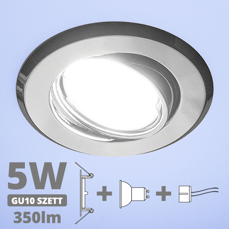 LED szpot szett: króm bill. keret + 4.5 Wattos, hideg fehér GU10 LED lámpa + GU10 csatlakozó (kettesével rendelhető)