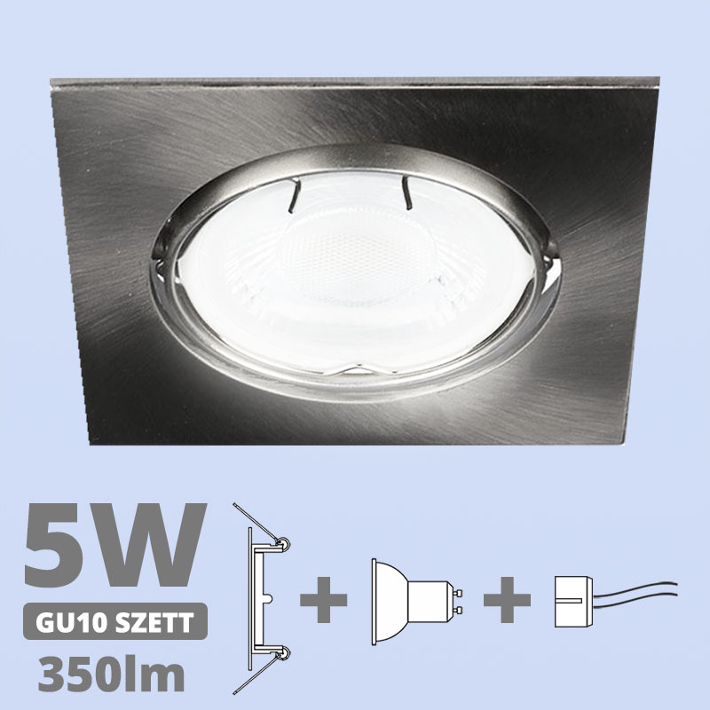 LED szpot szett: mattkróm bill. keret, négyzet + 4.5 Wattos, hideg fehér GU10 LED lámpa + GU10 csatlakozó (kettesével rendelhető