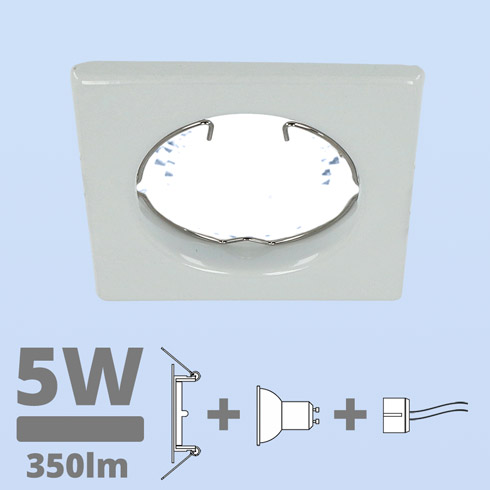 LED szpot szett: fehér keret, négyzet + 4.5 Wattos, hideg fehér GU10 LED lámpa + GU10 csatlakozó (kettesével rendelhető)