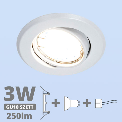 LED szpot szett: fehér bill. keret + 3 Wattos, hideg fehér GU10 LED lámpa + GU10 csatlakozó