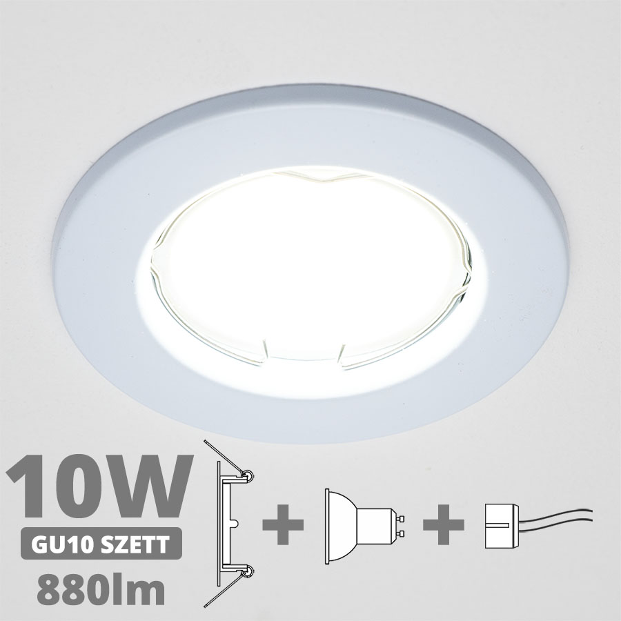 LED szpot szett: fehér bill. keret + 10 Wattos, természetes fehér GU10 LED lámpa + GU10 csatlakozó