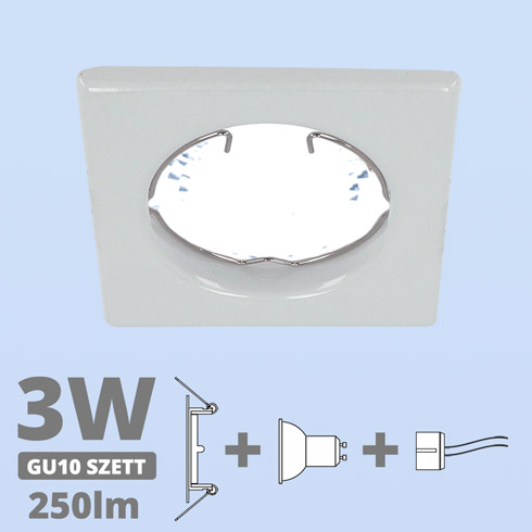 LED szpot szett: fehér keret, négyzet + 3 Wattos, hideg fehér GU10 LED lámpa + GU10 csatlakozó (kettesével rendelhető)