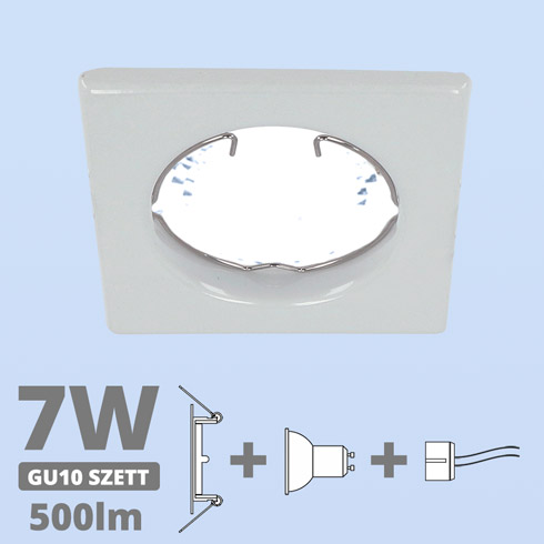 LED szpot szett: fehér keret, négyzet + 7 Wattos, hideg fehér GU10 LED lámpa + GU10 csatlakozó (kettesével rendelhető)