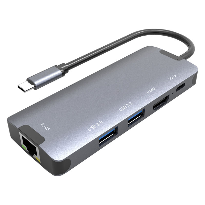 USB-C átalakító adapter, grafit - 5in1 (RJ45, 2xUSB-A 3.0, HDMI 1.4, PD)