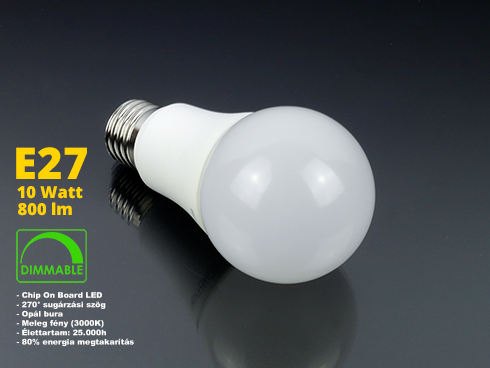 LED lámpa E27 (10W/270°) meleg fehér DIM