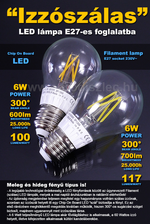 LED lámpa E27 Filament (6W/300°) Körte - meleg fehér OP