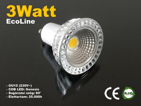 LED lámpa GU10 (3W/60°) hideg fehér COB