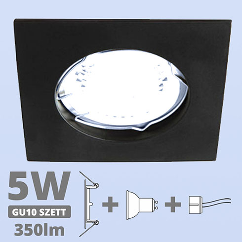 LED szpot szett: fekete keret, négyzet + 4.5 Wattos, hideg fehér GU10 LED lámpa + GU10 csatlakozó