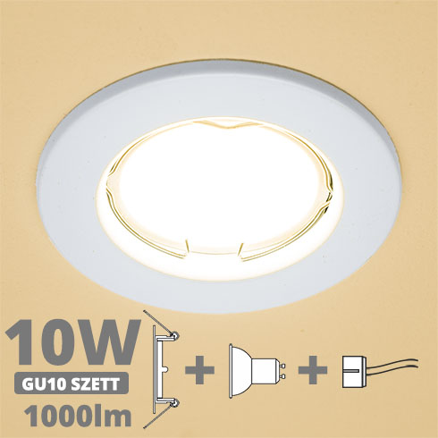 LED szpot szett: fehér keret + 9.5 Wattos, meleg fehér GU10 LED lámpa + GU10 csatlakozó