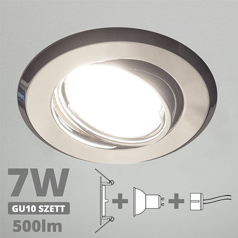 LED szpot szett: króm bill. keret + 7 Wattos, természetes fehér GU10 LED lámpa + GU10 csatlakozó (kettesével rendelhető)