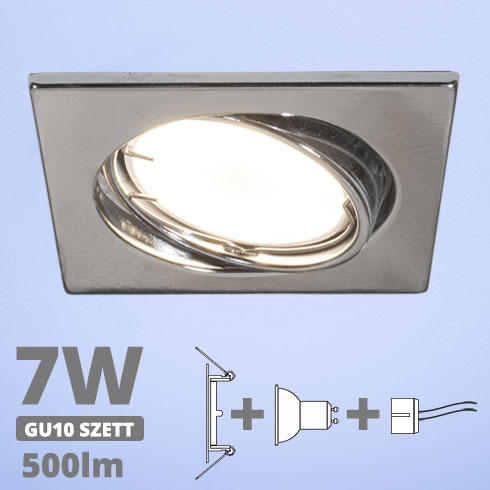 LED szpot szett: króm bill. keret, négyzet + 7 Wattos, hideg fehér GU10 LED lámpa + GU10 csatlakozó (kettesével rendelhető)