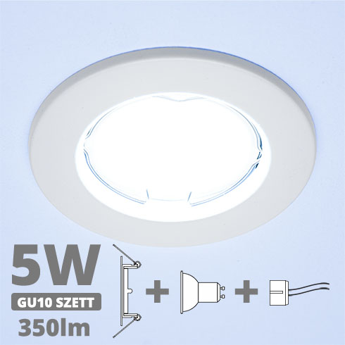 LED szpot szett: fehér keret +4.5 Wattos, hideg fehér GU10 LED lámpa + GU10 csatlakozó (kettesével rendelhető)