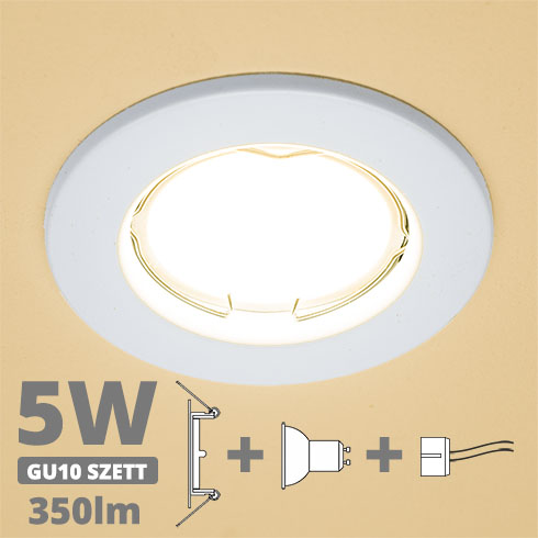 LED szpot szett: fehér keret + 5 Wattos, meleg fehér GU10 LED lámpa + GU10 csatlakozó (kettesével rendelhető)