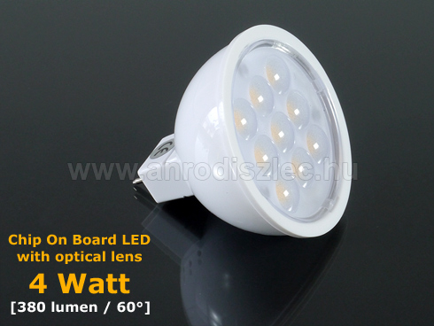 LED lámpa MR16 (COB2835x9/4W/60°) meleg fehér Lencsés