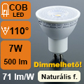 LED lámpa GU10 (COB LED/7W/110°) természetes fehér DIM