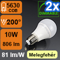 LED lámpa E27 (COB 5630/10W/200°) meleg f. DIM (2 db)