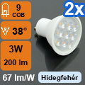 LED lámpa GU10 (COB2835x9/3W/38°) hideg Lencsés (2 db)