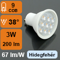 LED lámpa GU10 (COB2835x9/3W/38°) hideg Lencsés