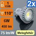 LED lámpa GU10 (COB LED/6W/110°) meleg fehér (2 db)