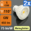 LED lámpa GU10 (COB LED/6W/110°) fehér ház, meleg (2db)