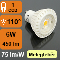 LED lámpa GU10 (COB LED/6W/110°) fehér ház, meleg fényű