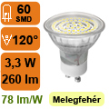 x. LED lámpa GU10 (SMD3528x60/3.3W/120°) meleg fehér -KL