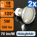 LED lámpa GU10 (COB2835x18/5W/120°) hideg fehér (2 db)