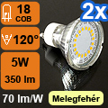 LED lámpa GU10 (COB2835x18/5W/120°) meleg fehér (2 db)