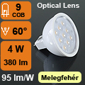 LED lámpa MR16 (COB2835x9/4W/60°) meleg fehér Lencsés