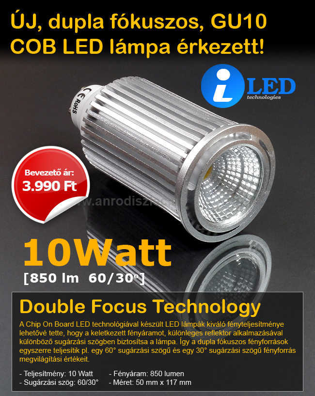 LED lámpa GU10 (COB LED/10W/60/30°) meleg fehér DFT