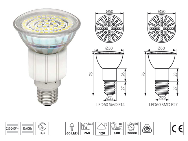 LED lámpa E14 (SMD3528x60/3.3W/120°) hideg fehér -KL