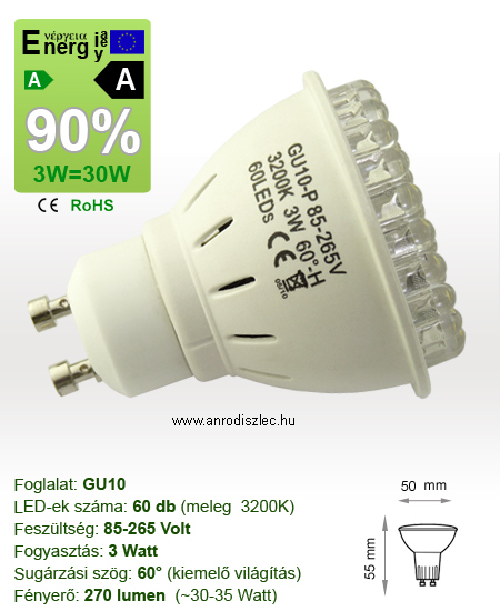 x. LED lámpa GU10 (DIPx60/3W/60°) meleg fehér