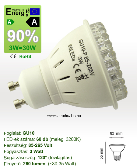 Végkiárusítás: LED lámpa GU10 (60 LED/120°) 3W hideg