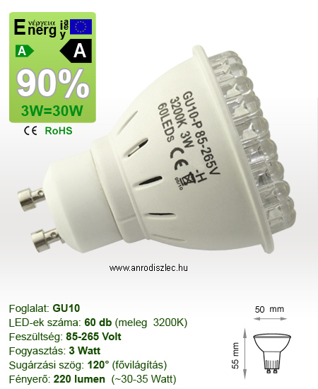 x. LED lámpa GU10 (DIPx60/3W/120°) meleg fehér