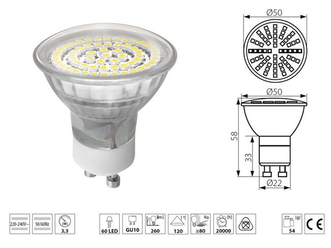 x. LED lámpa GU10 (SMD3528x60/3.3W/120°) hideg fehér -KL