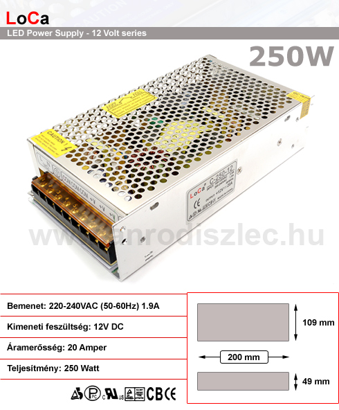 LED tápegység (250) 12 Volt, ipari (20A/250W) LoCa